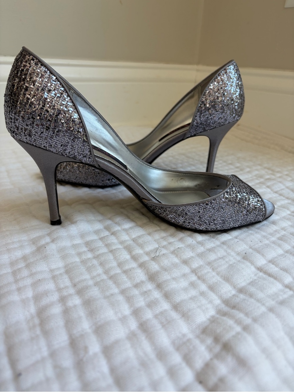 Nina Fern D’Orsay Heels 8 Silver Glitter Peep Toe Stiletto Formal - Picture 5 of 9